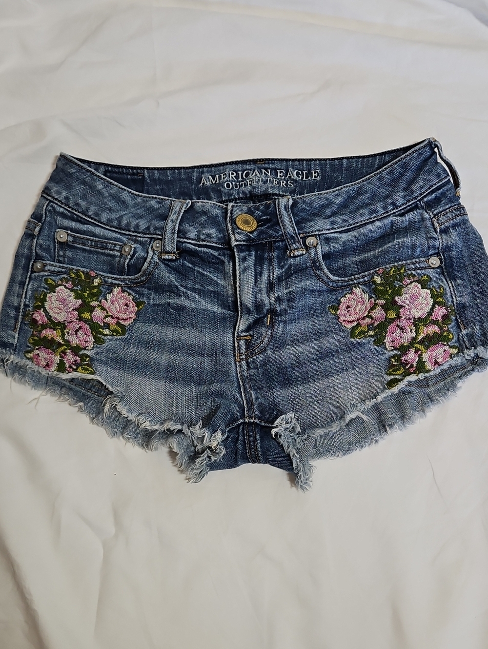 Vintage American Eagle Outfitters Denim Shorts with Pink Rose Embroidery